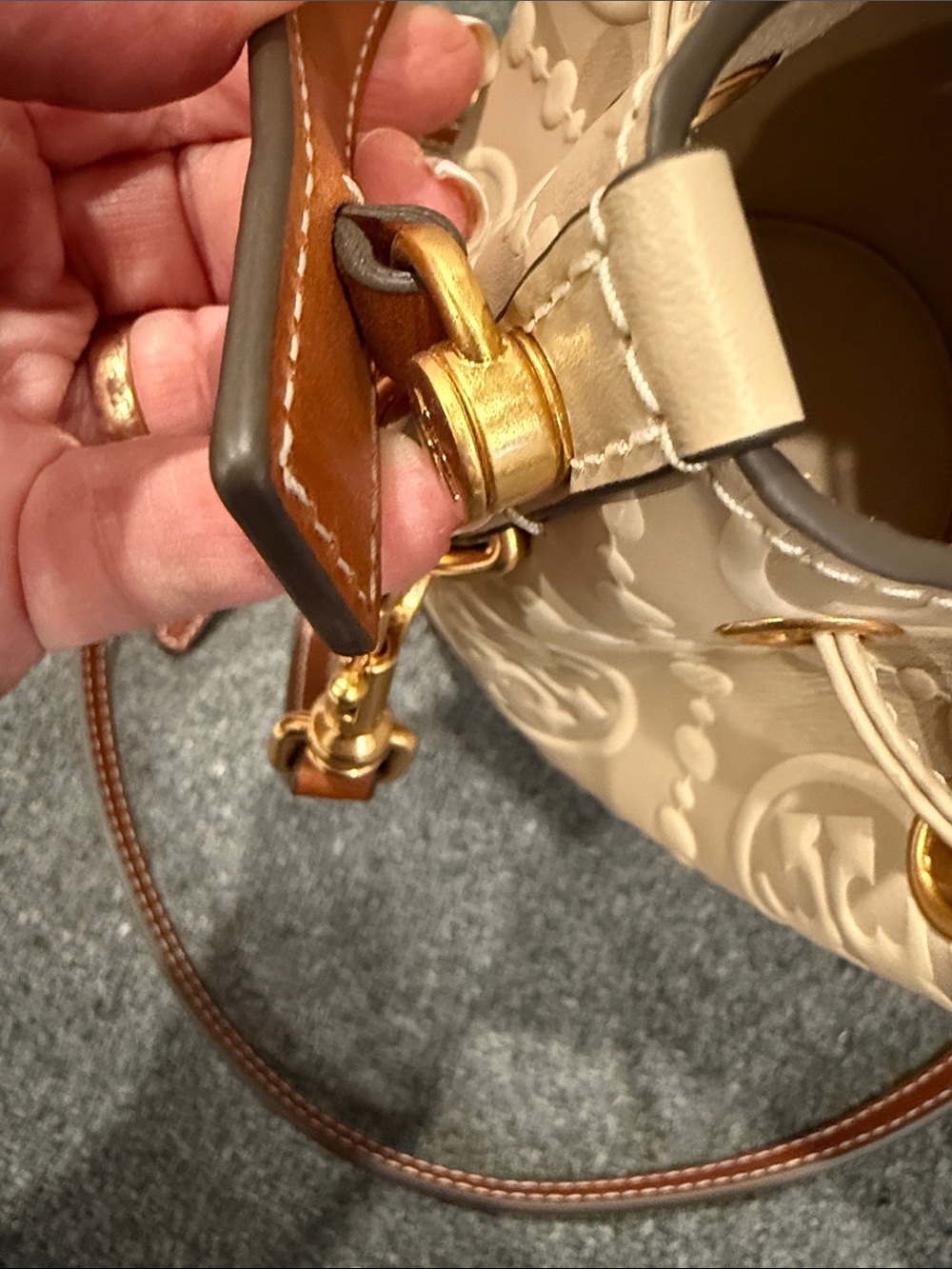 Tory Burch Beige Embossed Monogram Mini Bucket Bag - Picture 9 of 11